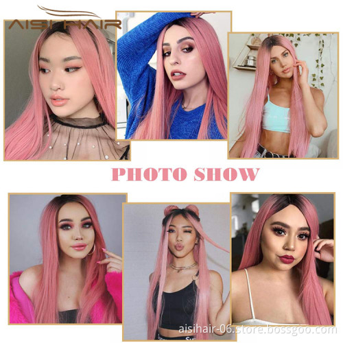 Aisi Hair Hotselling Party Wholesale Vendor Long Silky Straight Natural Wave Ombre Pink Wig For Black Women Synthetic Hair Wigs